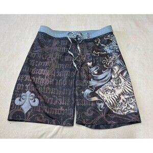 Affliction Board Shorts Mens 36 Brown Gothic Cross Eagle Skull Surf Swim Trunks
